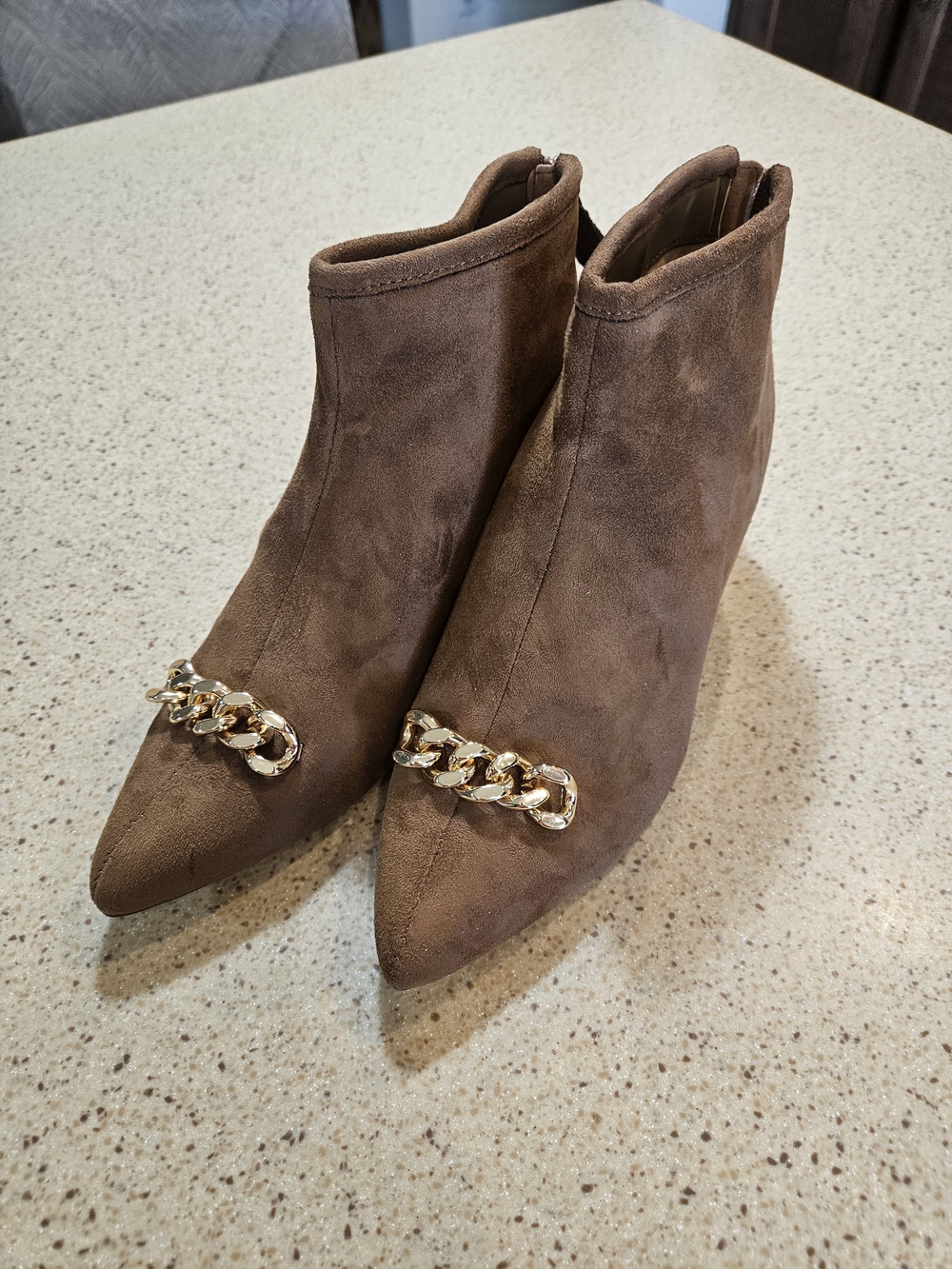 Impo Brown Suede Pointed-Toe Ankle Booties with Gold Chain
